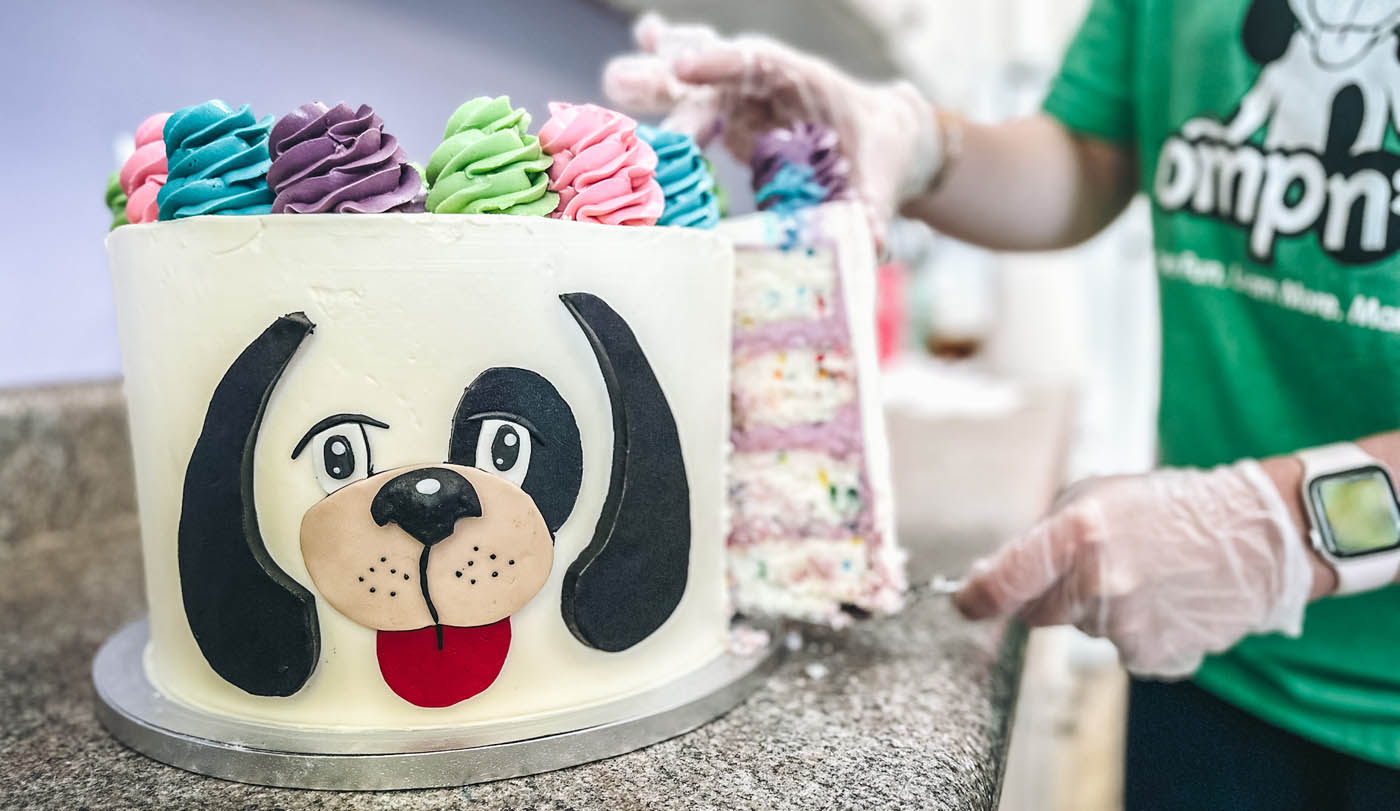 An image of a cake with rompy's face - Romp n' Roll is a top children's party venue in St. Petersburg, FL!