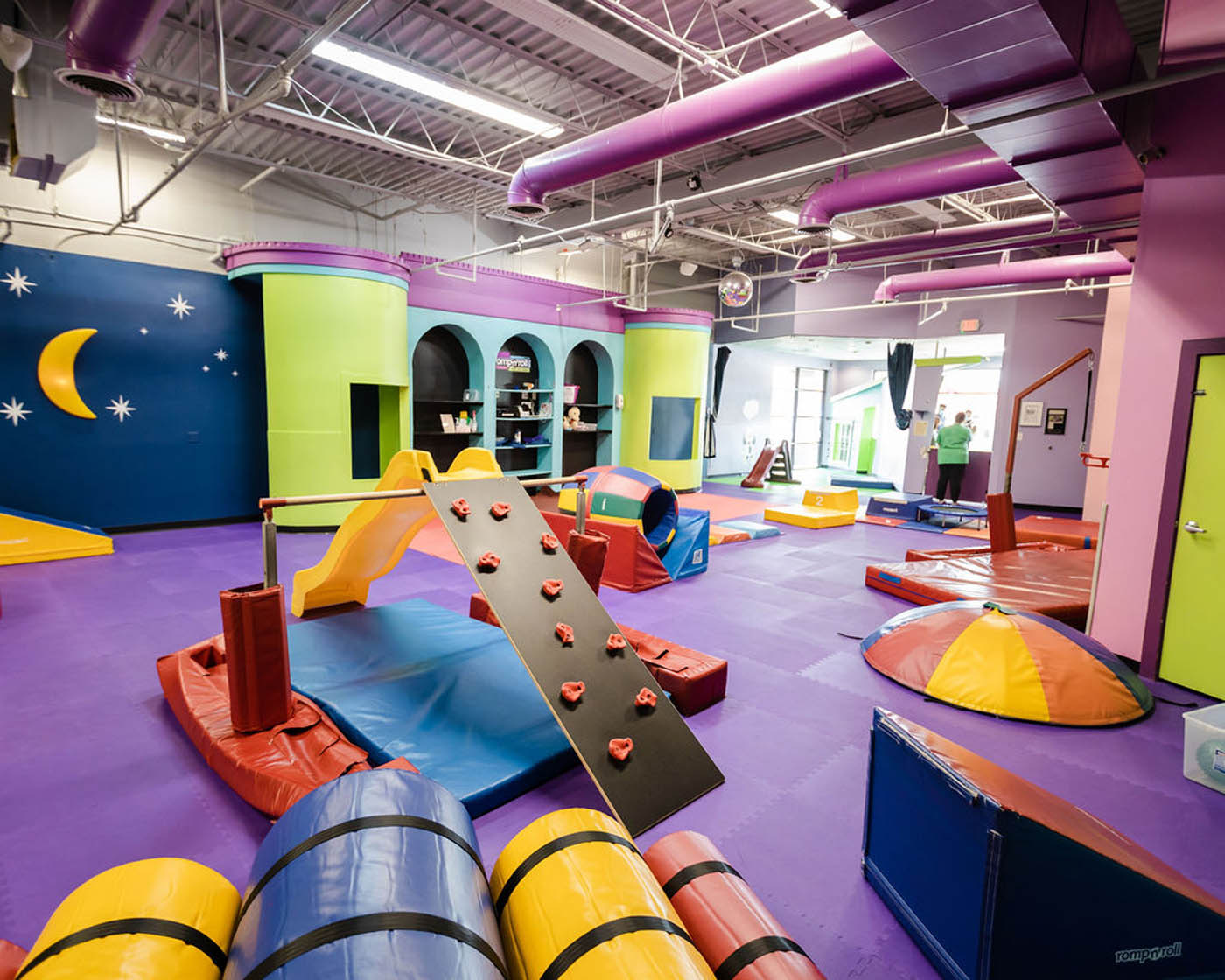 Inside Romp n' Roll's gym.